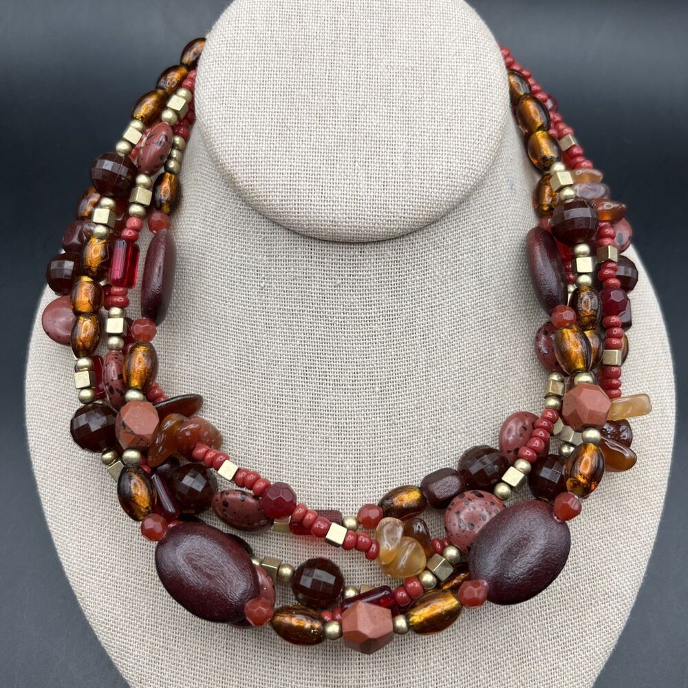 Lia Sophia Multi-Strand Red, Amber and Gold Beaded Necklace
